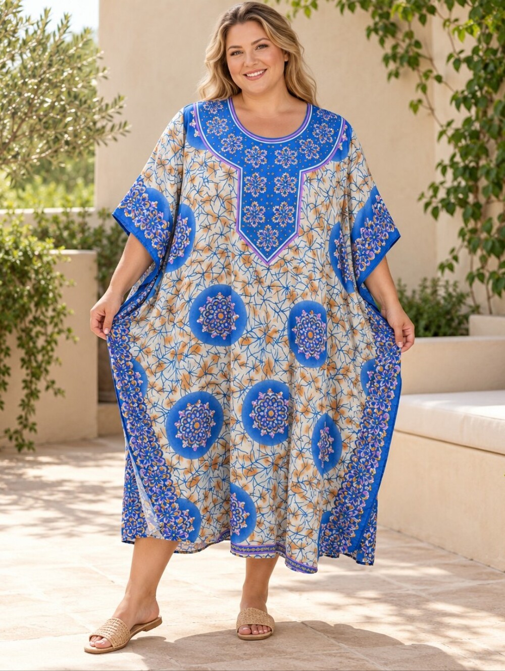 Just Love One Size Blue Floral Medallion Embellished Caftan Dress